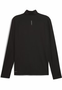 Zwarte lange mouw shirt met een opstaande kraag, voorzien van een zachte textuur, reflecterende accenten en een rechte zoom, ontworpen voor actieve kleding.
