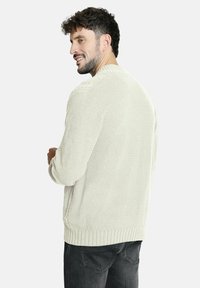 Suéter de punto color beige claro con un patrón texturizado, puños acanalados y dobladillo. Corte casual, combinado con jeans oscuros. Vista desde atrás.