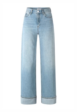 Jeans larghi blu chiaro, realizzati in denim, con vita alta, orli arrotolati e leggera scoloritura vicino alle tasche.