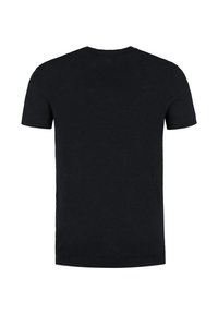 Zwart T-shirt met korte mouwen en een ronde halslijn. Gemaakt van een zachte stof, heeft het een gladde textuur en een eenvoudig, onopgesmukt ontwerp.