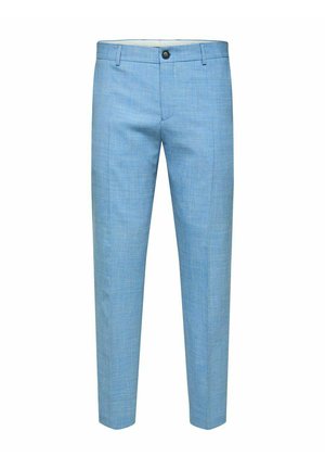 Light blue trousers made of a woven fabric. Features a flat front, slim fit, belt loops, and a single button closure.