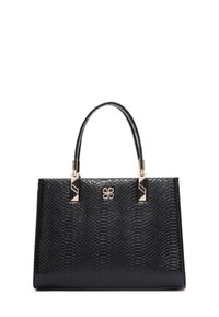Borsa a tracolla in ecopelle nera e testurizzata con una forma strutturata. Presenta hardware in tonalità oro e un accento con logo sulla parte anteriore. Due manici.
