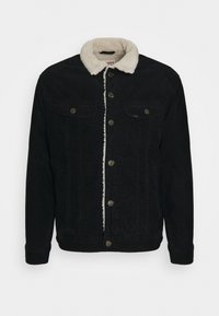 Sort corduroyjakke med en cremefarvet faux shearling krave, front snapknapper og to brystlommer. Tekstureret stof med lodrette linjer.