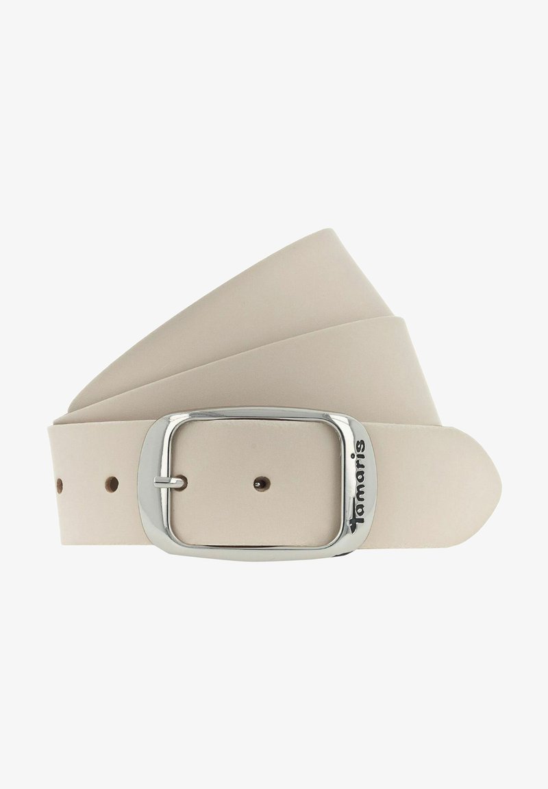 Béžový kožený pásek se stříbrnou obdélníkovou sponou a logem. Obsahuje několik otvorů pro nastavení, hladkou texturu a široký design.