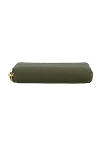 Olive green rectangular leather wallet with gold zipper on one end, shown from the side.