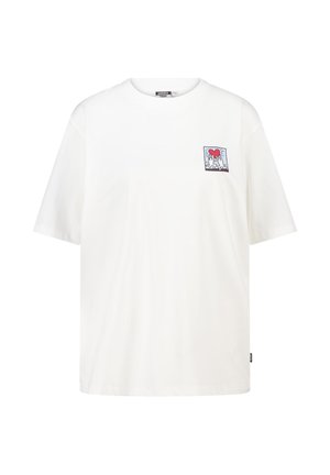White cotton T-shirt with short sleeves, featuring a colorful graphic patch depicting a heart and hands on the left chest area.