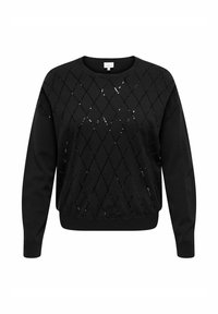 Črni pulover iz mehke tkanine z vzorcem diamantov in sequini. Ovratnik okrogle oblike z dolgimi rokavi in rebrastimi manšetami.