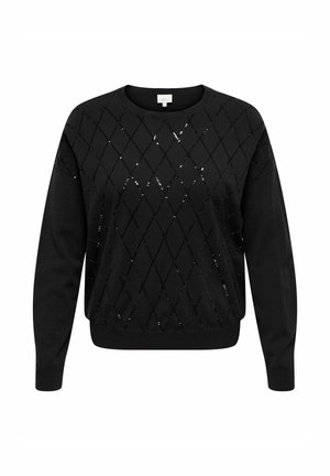 Zwarte trui gemaakt van zachte stof met een ruitpatroon versierd met pailletten. Ronde hals, lange mouwen en geribbelde boorden.