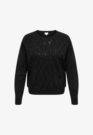 Zwarte trui gemaakt van zachte stof met een ruitpatroon versierd met pailletten. Ronde hals, lange mouwen en geribbelde boorden.