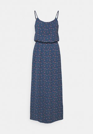 Maxi jurk met dunne schouderbandjes, marineblauwe stof, bloemenpatroon in rood en wit, gerimpelde taille en vloeiende onderkant.