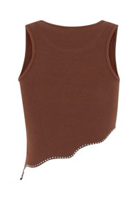 Brun ribbad linne med en vågig nederkant och dekorativa pärlor längs kanten, med rundad halsringning och ärmlös design.
