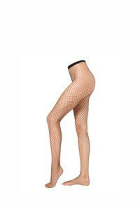 Collants en résille noire avec une large taille élastique, ornés d'un motif en losange et d'une texture transparente, s'étendant de la taille jusqu'à la cheville.