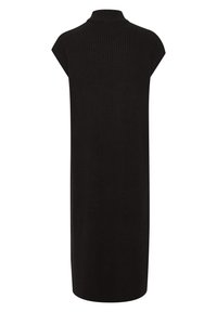 Robe midi noire en maille côtelée sans manches avec un col montant et une silhouette droite, vue de dos.