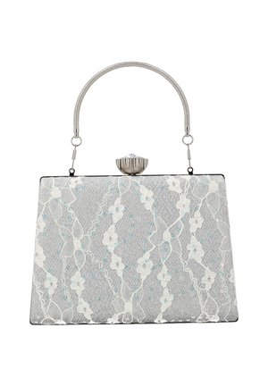 Clutch rettangolare argentato con motivo floreale in pizzo, piccoli dettagli turchesi, manico metallico e chiusura a forma di gemma sulla parte superiore.