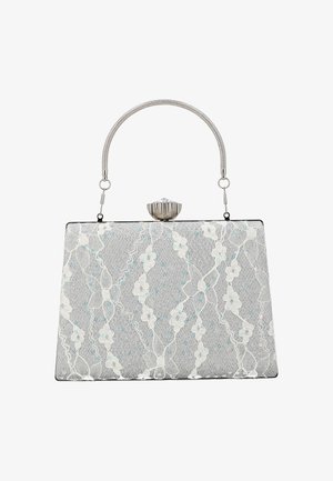 Silberne rechteckige Clutch mit floraler Spitzenmuster, kleinen türkisfarbenen Akzenten, einem Metallgriff und einem juwelenähnlichen Verschluss oben.