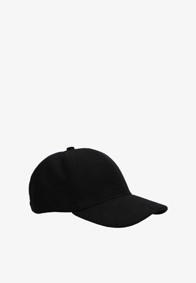 Czarna czapka baseballowa z zakrzywionym daszkiem, wykonana z teksturowanej tkaniny. Posiada zaokrągloną górę i tradycyjny regulowany pasek z tyłu.