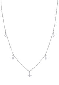 Srebrny łańcuszek z naszyjnikiem z pięcioma zawieszkami w kształcie gwiazd, ozdobionymi drobnymi akcentami, tworzącymi delikatny, symetryczny wzór.