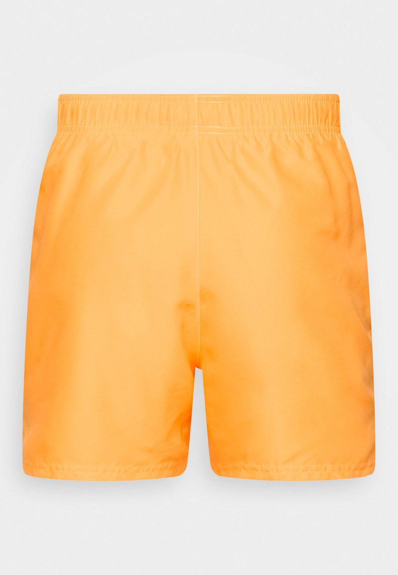 Pomarańczowe kąpielówki z elastycznym pasem, gładką teksturą i bez widocznych wzorów czy akcentów. Szyty dół o prostym wzornictwie.