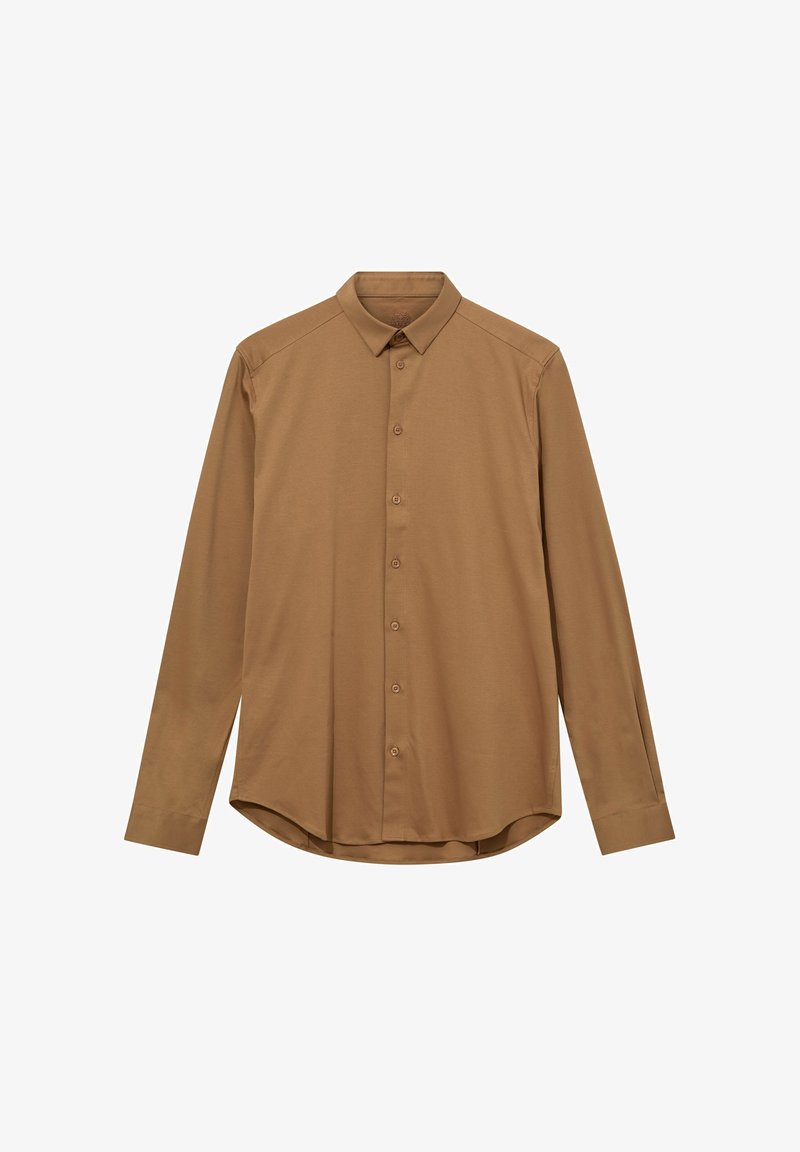 Langärmliges, knopfbares Hemd in Braun mit spitzem Kragen, einfachen Manschetten und abgerundetem Saum, auf einem weißen Hintergrund präsentiert.