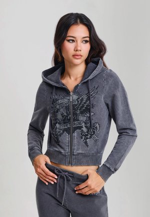 Ed Hardy, WOMENS STAY TRUE FITTED CROPPED WASHED ZIP THRU HOODIE - Sweat zippé - black