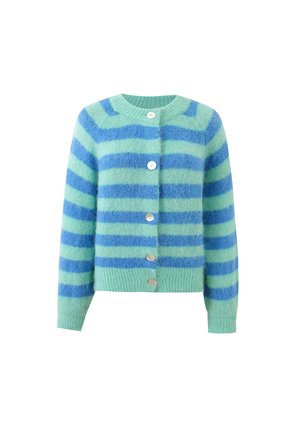 Weicher Strickcardigan mit breiten horizontalen blauen und grünen Streifen, rundem Ausschnitt, langen Ärmeln und fünf weißen Knöpfen auf der Vorderseite.