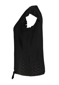 Top sans manches noir en tissu texturé avec des motifs floraux découpés, un col froncé et un détail noué à l'ourlet.
