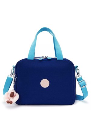 Borsa in tessuto blu navy con doppie maniglie e una tracolla rimovibile. Presenta un logo rosa e un charm peloso di una scimmia appeso a una cerniera.