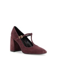 Pantofi cu toc înalt din suede cărămiziu, cu curea T și închidere cu cataramă. Vârf ascuțit și toc gros. Textură netedă și design elegant.