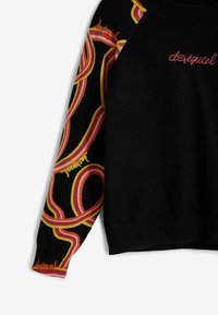 Schwarzer Sweatshirt mit lebhaftem pinken, gelben und roten abstrakten Design an den Ärmeln. Mit gerippten Bündchen und Ausschnitt, inklusive Markenlogo.