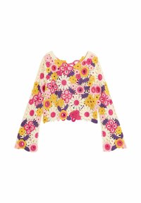 Pulover scurt, crem, din croșetat, cu aplicații florale colorate în roz, galben și mov. Mâneci lungi cu textură de tricotaj deschis.