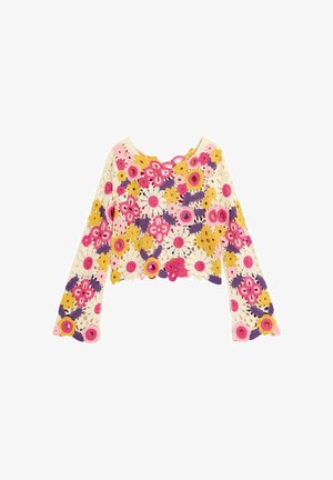 Įkirptas kreminės spalvos nėriniuotas megztinis su spalvingais gėlių aplikacijomis rožinės, geltonos ir violetinės spalvų deriniu. Ilgos rankovės su atviro akių raštu.