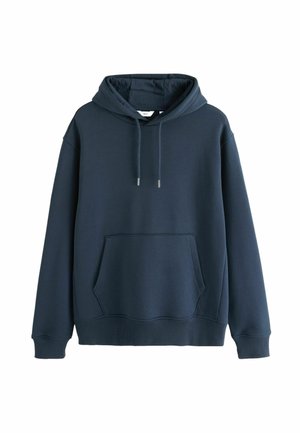 Dunkelblaues Baumwoll-Hoodie mit Kordelzugkapuze, Fronttasche, gerippten Bündchen und Saum. Schlichtes Design ohne sichtbare Logos oder Muster.