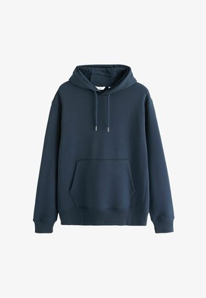 Dunkelblaues Baumwoll-Hoodie mit Kordelzugkapuze, Fronttasche, gerippten Bündchen und Saum. Schlichtes Design ohne sichtbare Logos oder Muster.