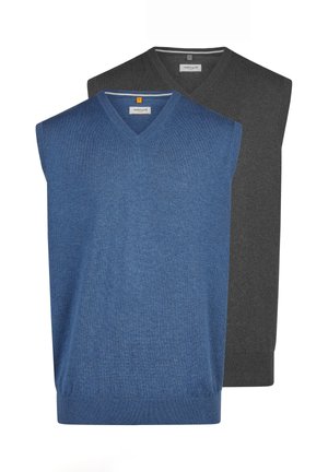 Dwa bezrękawniki z dekoltem w serek, jeden niebieski z przodu, a drugi ciemnoszary z tyłu, oba z metką "redmond" przy karku.