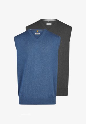 Dwa bezrękawniki z dekoltem w serek, jeden niebieski z przodu, a drugi ciemnoszary z tyłu, oba z metką "redmond" przy karku.