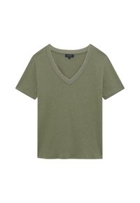 Olivgrünes V-Ausschnitt-T-Shirt mit kurzen Ärmeln und strukturiertem Kragen. Aus weichem Stoff gefertigt, mit lockerer Passform und minimalistischem Design.