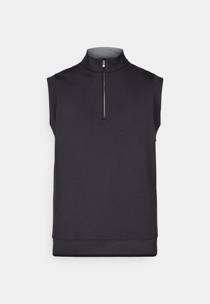 Top sin mangas negro de cuello alto con cierre de media cremallera, hecho de una tela suave y elástica, que presenta una silueta ajustada y un color sólido.