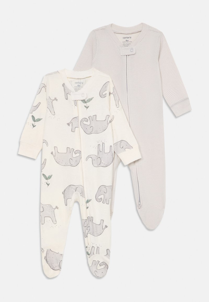 Zwei Kinderoverall: einer weiß mit grauen Elefantenmotiven und Blättern, der andere hellgrau gestreift mit einem Reißverschluss; aus Baumwollmaterial.