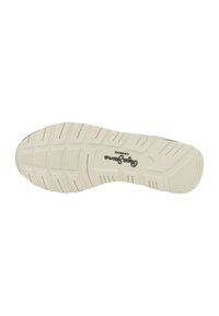 Suola di sneaker bianca con motivo testurizzato, dotata di scanalature flessibili e marchio. Realizzata in gomma resistente per trazione e supporto.