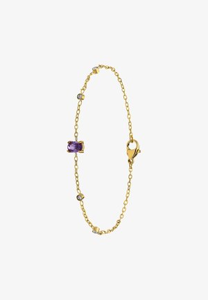 Goldene Kettenarmband mit einem ovalen lila Edelstein in der Mitte, akzentuiert von kleinen klaren Steinen entlang der Kette, fertig mit einem Karabinerverschluss.