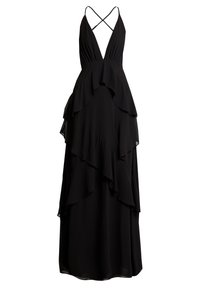 Czarna sukienka maxi z głębokim dekoltem w kształcie litery V i krzyżującymi się paskami. Charakteryzuje się warstwowymi falbanami z przodu i zwiewną sylwetką.