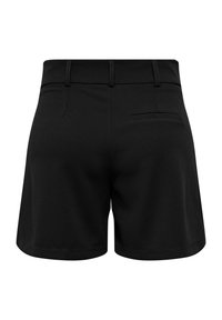 Shorts noirs sur mesure avec passants de ceinture et une seule poche passepoilée sur le côté arrière droit, vus de dos sur fond blanc.