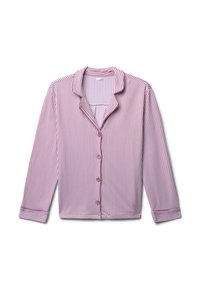 Chemise à boutons en rayures roses et blanches, avec un col en V, des manches longues et des boutons assortis, confectionnée en tissu doux.