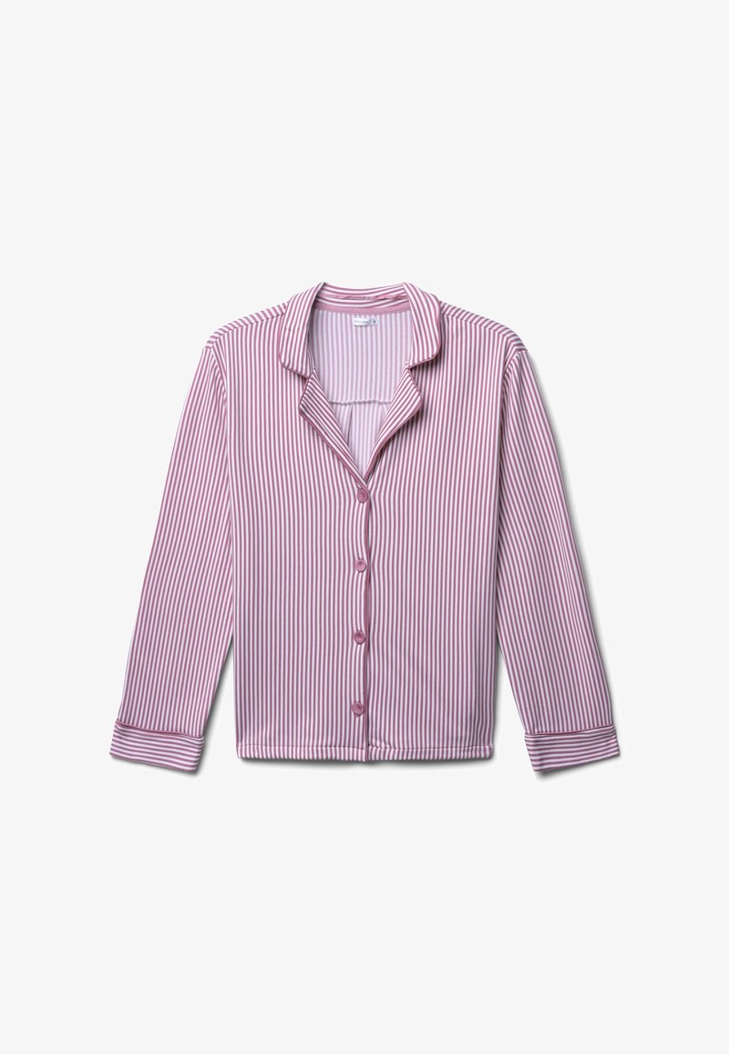 Chemise à boutons en rayures roses et blanches, avec un col en V, des manches longues et des boutons assortis, confectionnée en tissu doux.