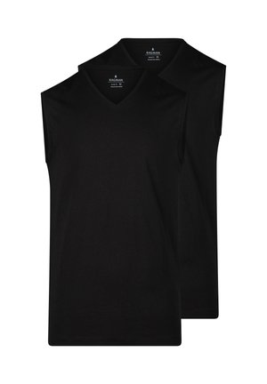 Zwei schwarze ärmellose V-Ausschnitt-Baumwollunterhemden gestapelt, das vordere Hemd überlappt leicht das dahinter liegende.