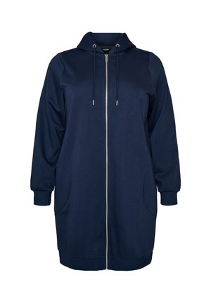 Longue robe sweat à capuche zippée bleu marine avec poches avant, capuche à cordon et poignets côtelés aux manches longues.