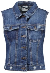 Denim gilet in donkerblauw met een kraag, vijf knopen aan de voorkant, twee borstzakken en rafelige zoomdetails. Cannocle stiksels overal.