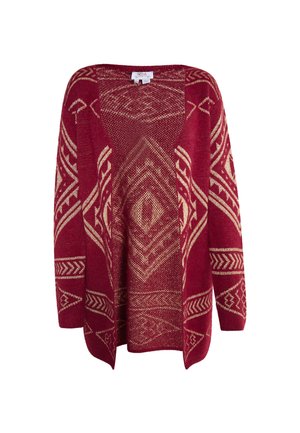 Bordeaux cardigan med et geometrisk cremmønster, åbent front, lange ærmer og struktureret strikket stof. Ingen lukninger.