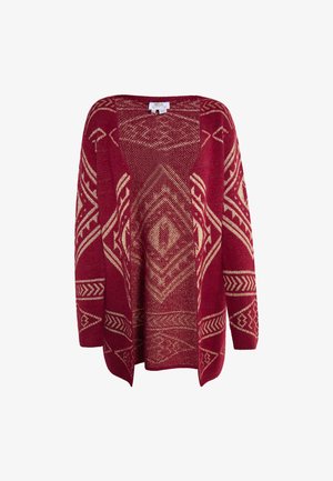 Cardigan bordeaux con motivo geometrico color crema, apertura frontale, maniche lunghe e tessuto a maglia testurizzato. Senza chiusure.