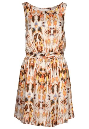 Robe sans manches en tissu léger avec un motif abstrait coloré dans les tons orange, marron et bleu. Taille élastique pour un ajustement parfait.